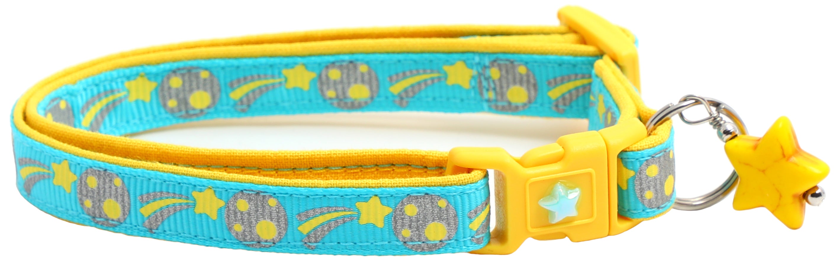 Shooting Stars Reflective Cat Collar showcasing reflective elements and reinforced cotton material, designed for safety and style.